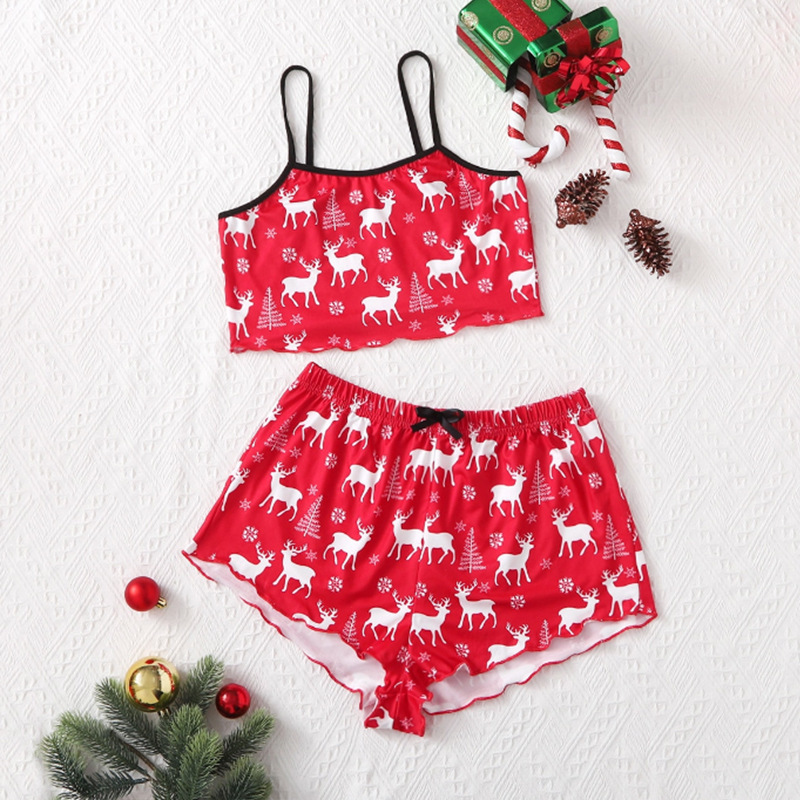 Foreign trade summer sexy women's Christmas pajamas camisole shorts snowflake fawn home clothes two-piece wholesale