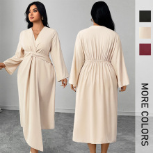 跨境Wish亚马逊新款长袖连衣裙速卖通气质收腰修身不规则剪裁长裙