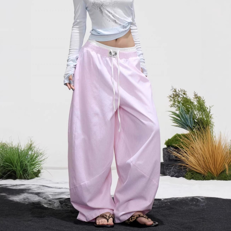 American Retro Lazy Style Pink and Yellow Striped Wide-Leg Pants for Women, Drawstring Loose Fit, Slimming Straight Casual Long Pants American Retro Lazy Style Pink and Yellow Striped Wide-Leg Pants for Women, Drawstring Loose Fit, Slimming Straight Casual Long Pants