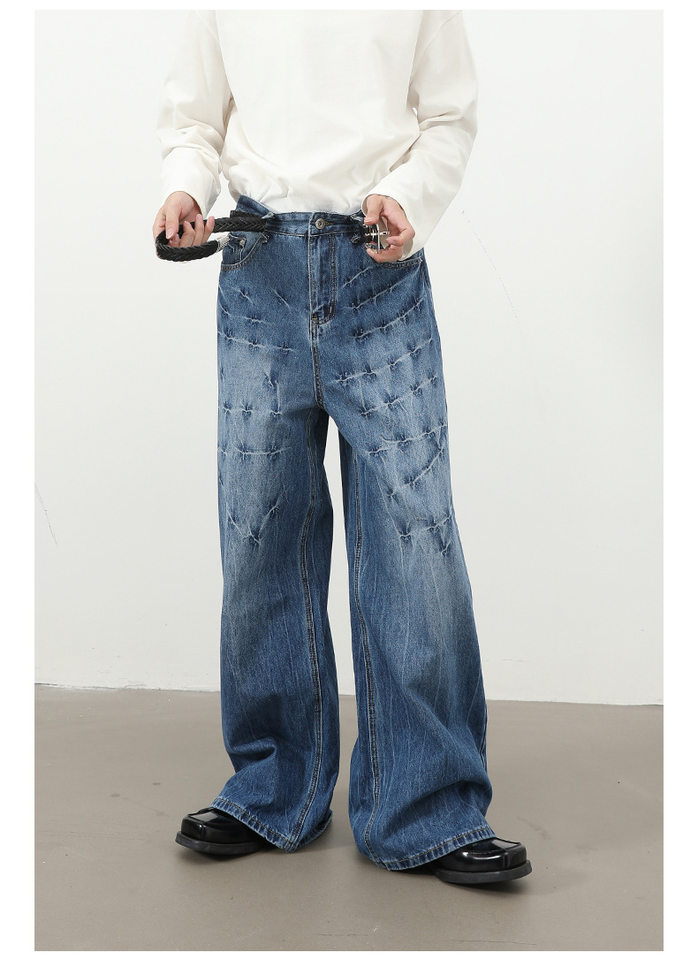 Quần jeans nam dáng rộng ống thẳng họa tiết sét chất liệu washed phong cách đường phố — màu xanh, màu xám đen chi tiết 21