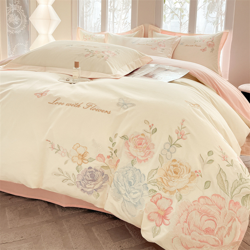 Embroidered Pure Cotton Four-Piece Set Classy Cotton Quilt Cover 200*230cm Bed Bed Sheets 1.8m Bed Bed Sheets Home Bedding