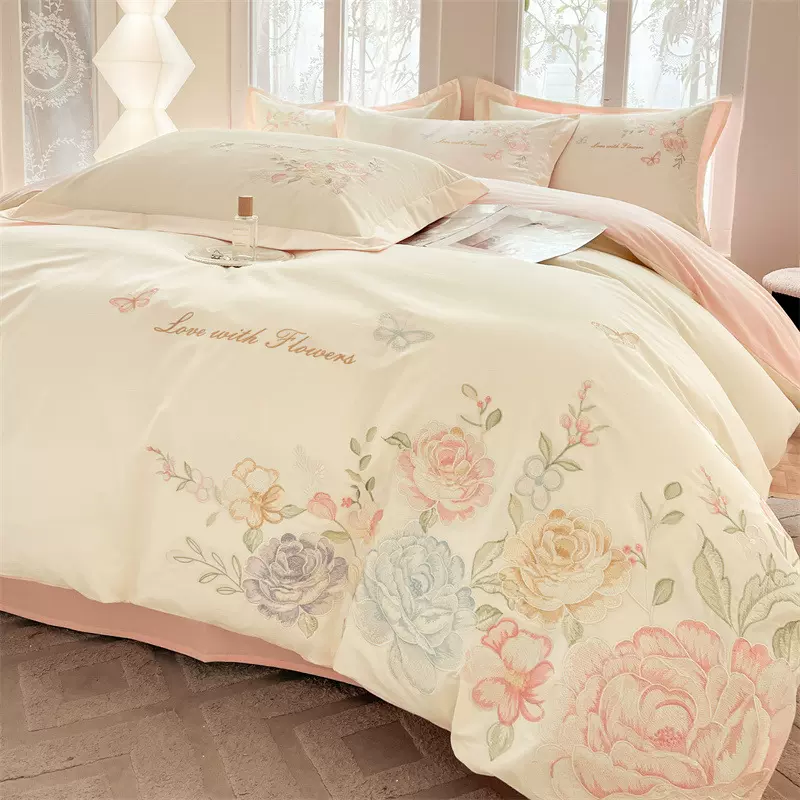 刺绣纯棉四件套高端全棉被套200*230cm床笠1.8米床单家用床上用品