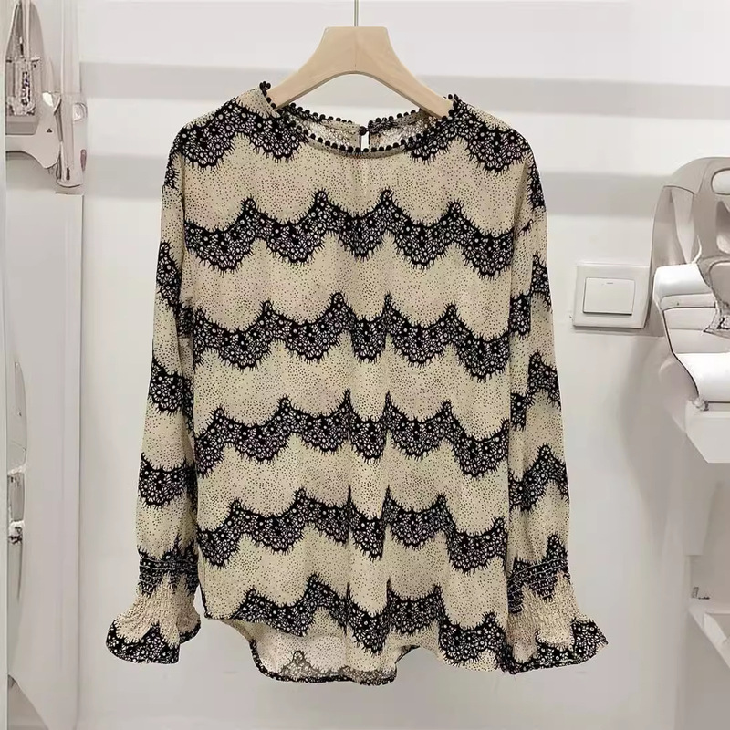 I Love This One~ It's a Unique and Stylish Long-Sleeve Chiffon Top with Velvet Lace Texture! Women's Shirts Clearance Sale