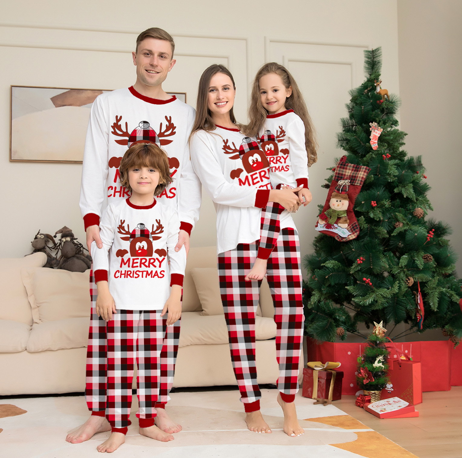 546g Weight Long Sleeve Sleeve Length Family Look Elk Printing Pant Co-ord Set Two-Piece Sets