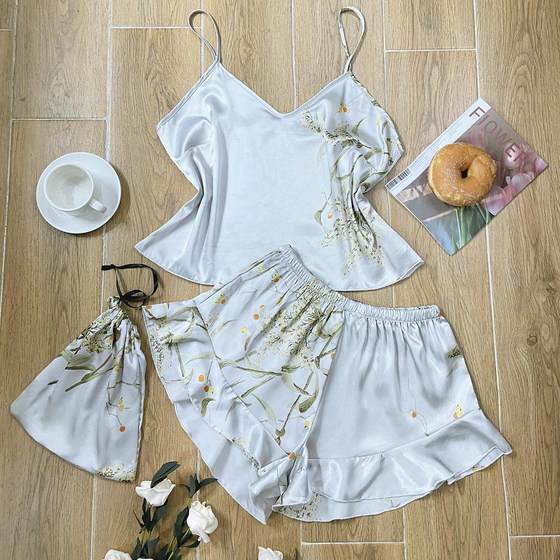 Sling Women's Four Seasons Home Clothes Lace-Up Nightgown Nightgown Two-Piece Set Thin Outer Wear Mid-Length Pajamas suit
