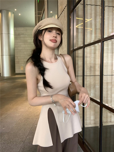 Pure lust style knitted chic camisole women's  summer outer wear slim fit slit sleeveless sweet and spicy top trendy