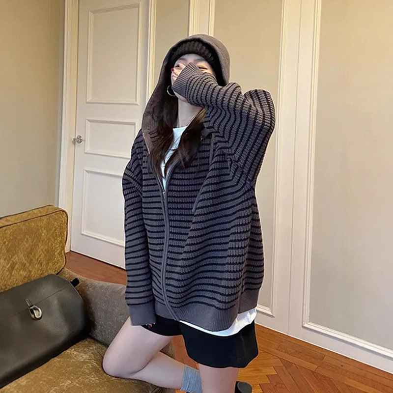 miu系软糯撞色条纹连帽针织开衫女秋季松弛感宽松慵懒风毛衣外套|undefined