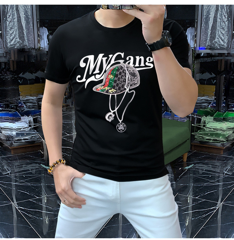 2023 New Trendy European Short-Sleeved t Hot Diamond Hat Men's Half-Sleeved Crew Neck Shirt Comfortable, Breathable and Versatile Long-Sleeved