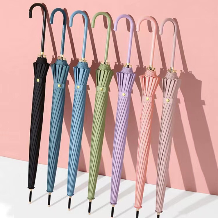 16-Bone Small Fresh Long Handle Straight Umbrella Large Curved Handle Wind-Resistant Advertising Sunshade and Sun Protection Umbrella Custom Logo