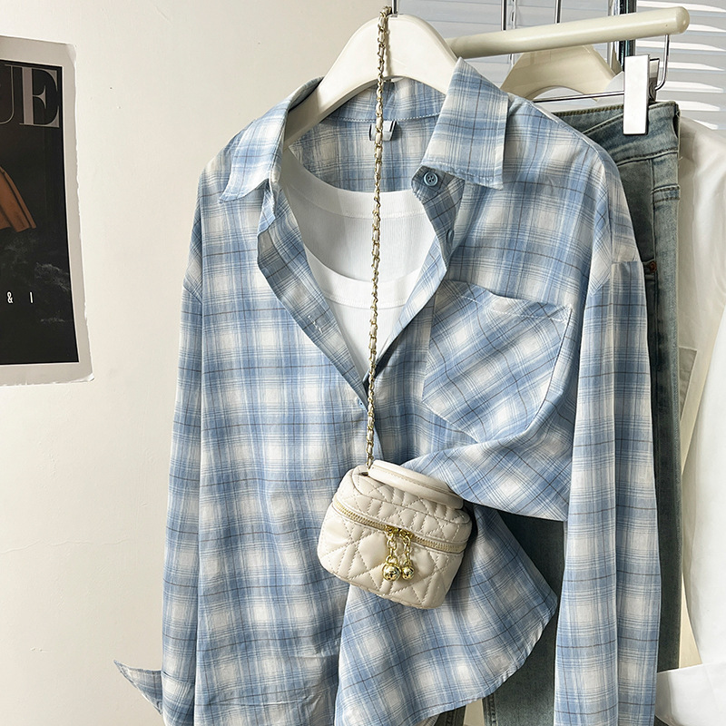 Real Shot of Pure Cotton Blue Plaid Sun Protection Shirt, Women's Jacket, Summer Thin Shirt, Cardigan, Casual Loose Top Real Shot of Pure Cotton Blue Plaid Sun Protection Shirt, Women's Jacket, Summer Thin Shirt, Cardigan, Casual Loose Top