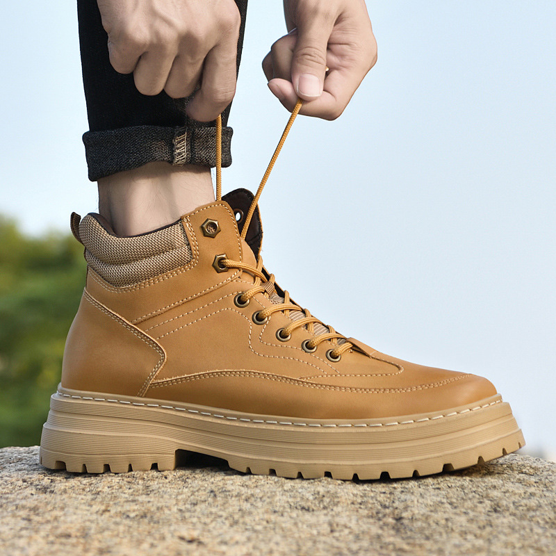 Herren kurze Stiefel Britischer Wind Herbst und Winter neue Arbeitsstiefel Flut alles High Top große gelbe Stiefel Mode_voghion.com