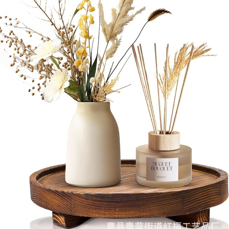 Cross-Border Wooden Decorative Tray Farmhouse Candle Holder Vintage Kitchen Living Room Wooden Retro Coffee Round Tray Storage