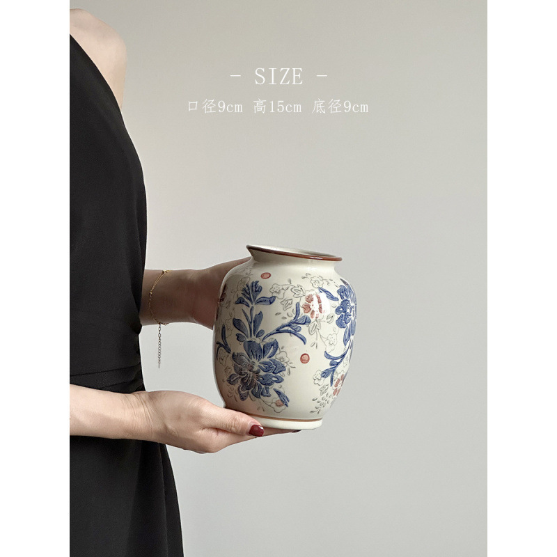 Nuevo jarrón de cerámica azul china nueva decoración de estilo chino sala de estar floral decoración de vestíbulo de estilo antiguo peonía floral