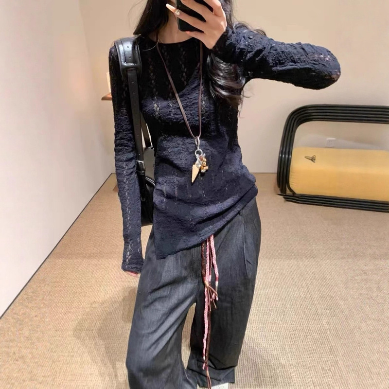 26Ss Spring/Summer New Collection Um Retro Versatile Lace Stretch Knit Slim Fit Long Sleeve Top for Women with a High-End Feel