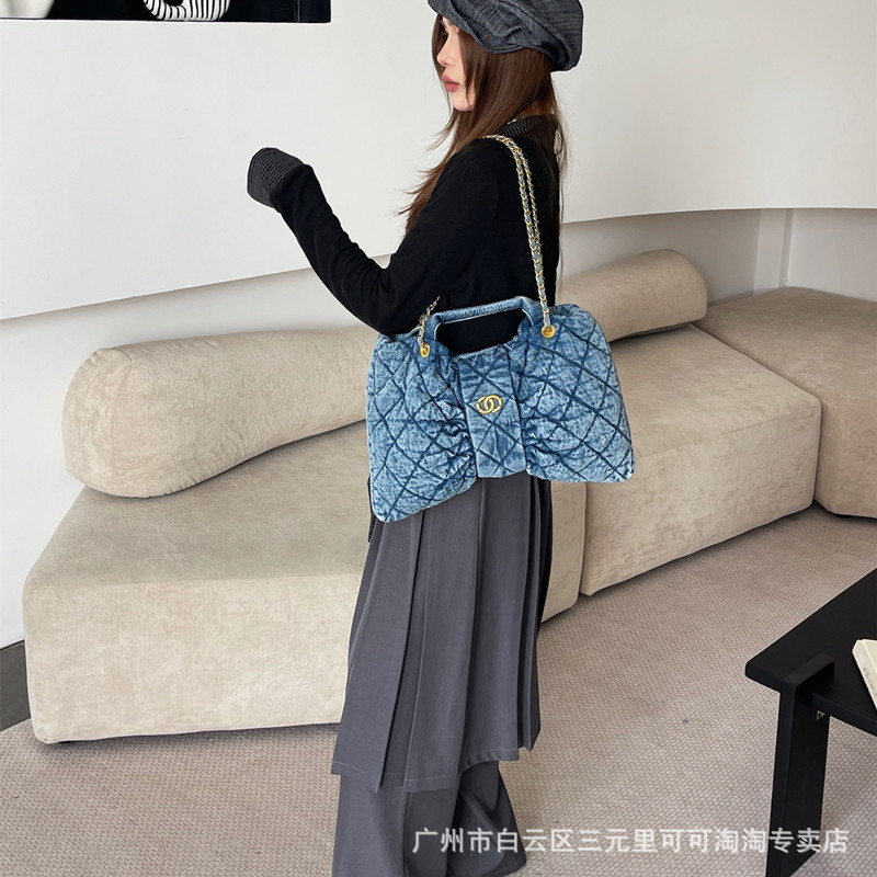小香风菱格水洗牛仔布蝴蝶结腋下包2025新款高质感百搭单肩手提包|undefined