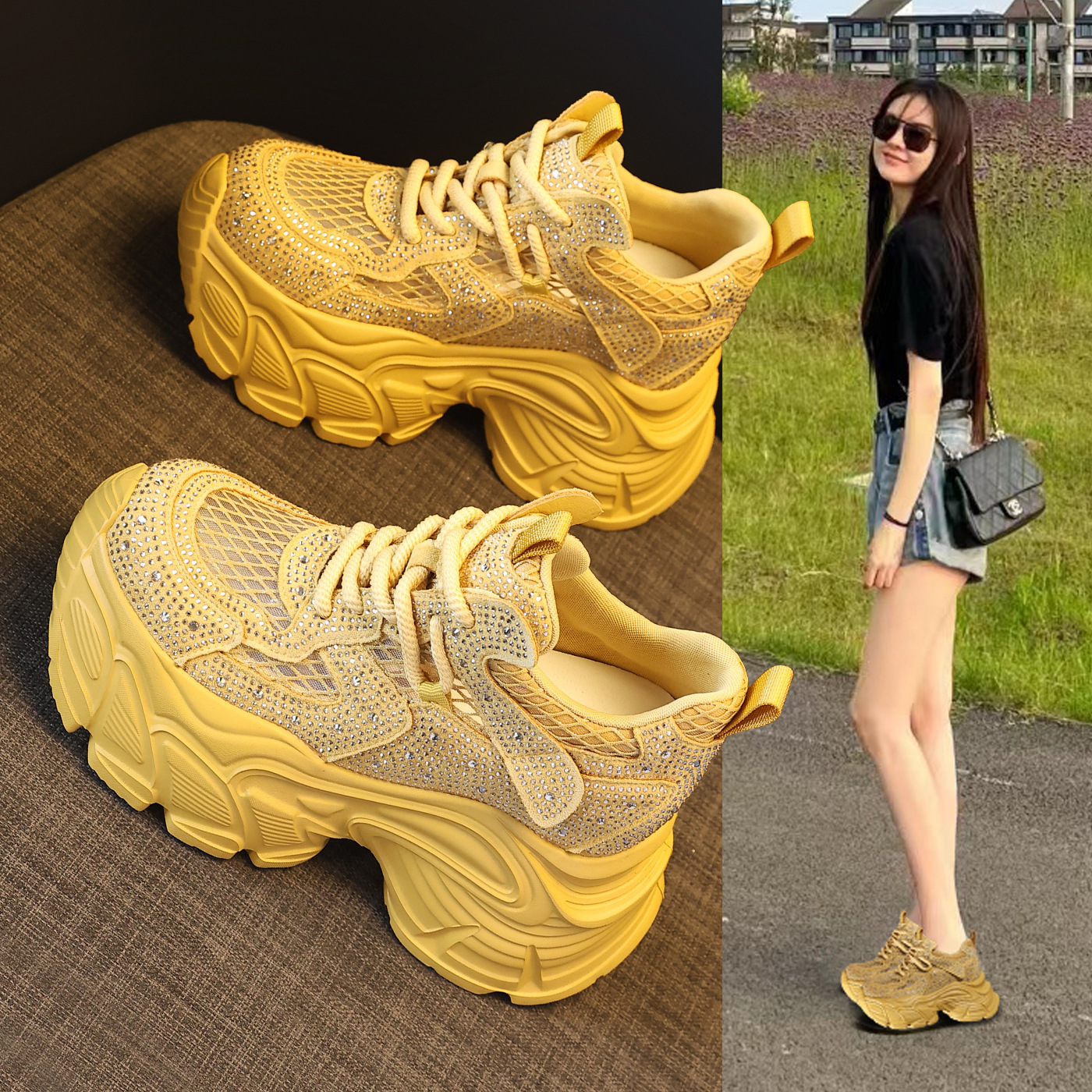 Giày sneaker nữ chunky đế dày đính đá rhinestone phong cách thể thao — màu trắng