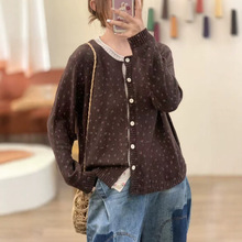 2026秋冬棉线复古宽松印花圆领简约百搭休闲上衣针织衫外套女毛衣