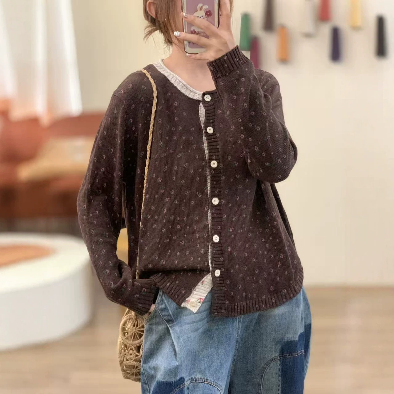 2026秋冬棉线复古宽松印花圆领简约百搭休闲上衣针织衫外套女毛衣