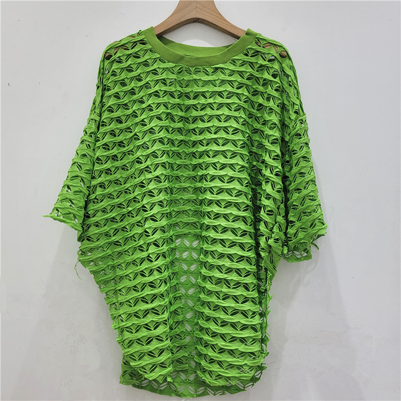 Personalidad fresca de malla hueca de manga corta irregular blusa de bifurcación 2025 verano nueva blusa corta de moda image 4