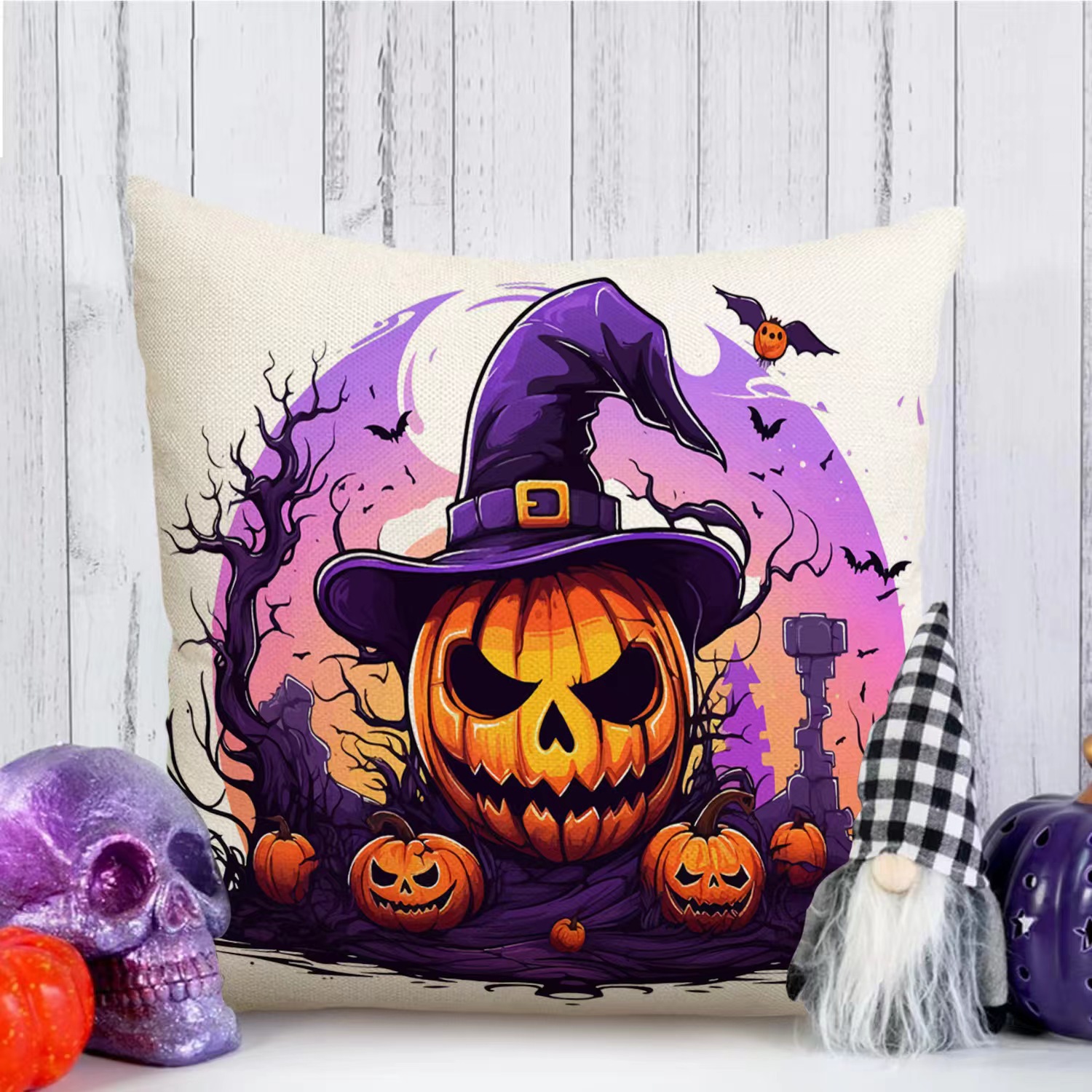 Transfronterizo Amazon Halloween impresión lino almohada cubierta bruja calabaza decoración doméstica almohada cubierta