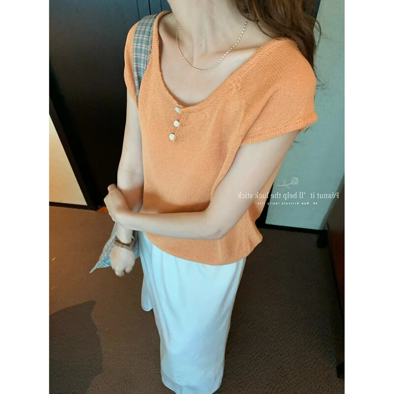 Summer New Blogger Style Gentle Solid Color Drawstring Collar Short-Sleeved Knit Top for Women, White, One Size, Orange, Light Yellow Summer New Blogger Style Gentle Solid Color Drawstring Collar Short-Sleeved Knit Top for Women, White, One Size, Orange, Light Yellow