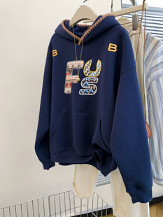 Official Picture of Huamian + Velvet Extra Large Size Winter Fleece-Lined Versatile Loose Casual Double-Layer Hooded Embroidered Sweatshirt