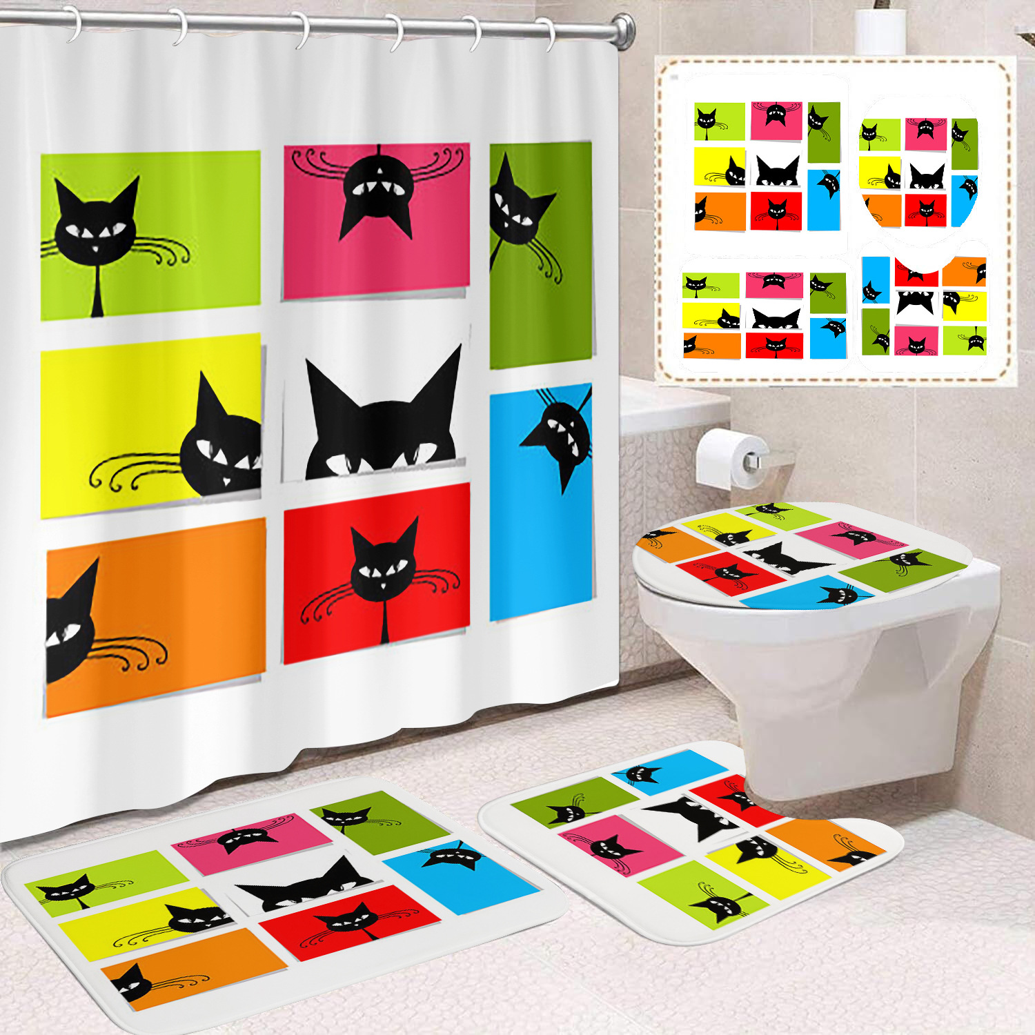 Fuente de fabricantes Amazon animales gatos niños cortina de ducha impermeable a prueba de moho cortina de ducha inodoro partición de baño divertido