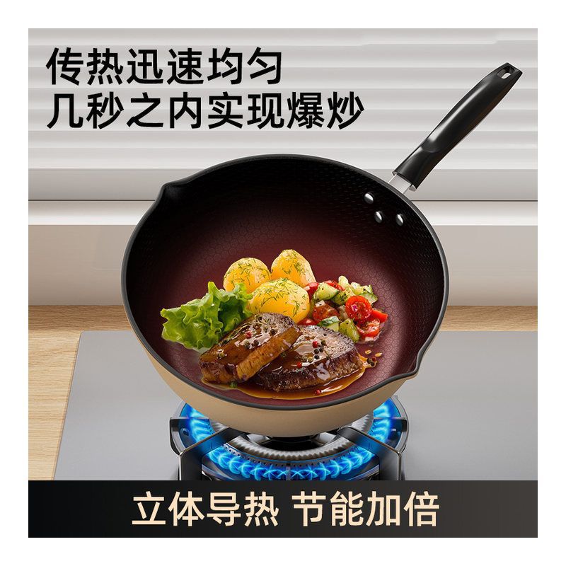 New Honeycomb Pattern Non-Stick Pan Multi-Functional Iron Pan Household Cooking Pan Double Guide Mouth Wok Universal Stove Pan