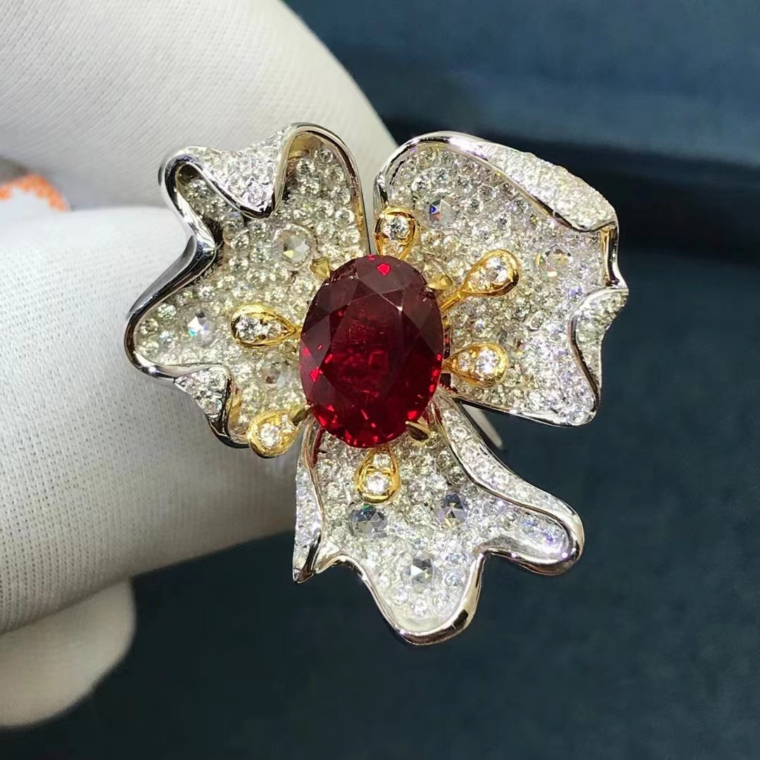 TikTok Live cross-border Venta caliente material de plata gruesa Anillo de Arte de corte ovalado artificial de corte Ruby Rose