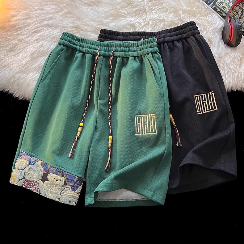 Men's Summer Waffle Shorts Bear Design Trendy Sporty Casual Loose Fitting Five Point mid Waist Drawstring Slacks_voghion.com