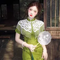 Новый китайский стиль Cheongsam с облачными плечами, жилет с жемчужной кисточкой и шалью в китайском стиле, воротник Hanfu, тяжелое ретро-кружево