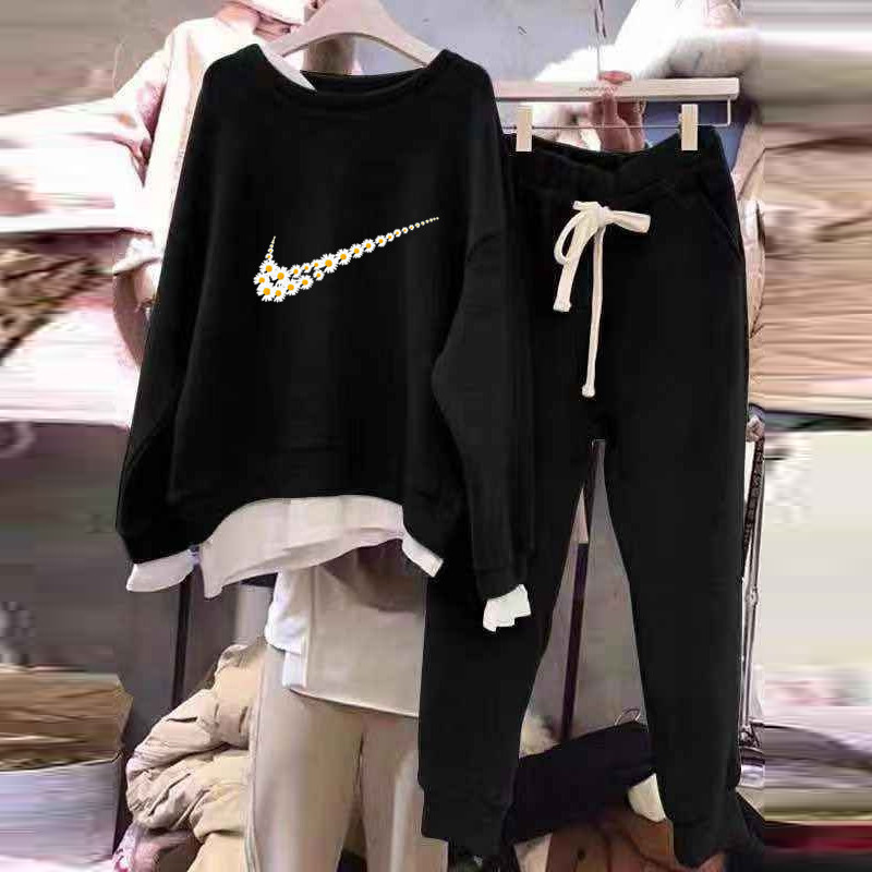 2021秋冬新款韓國東大門運動服街頭潮人時尚印花衛衣長褲兩件套女