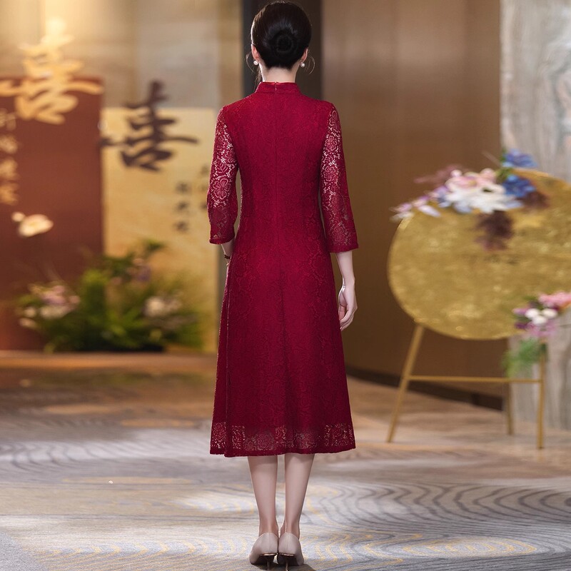yhfs7318喜婆婆婚宴装礼服裙2025新款结婚旗袍年轻款酒红色连衣裙|undefined