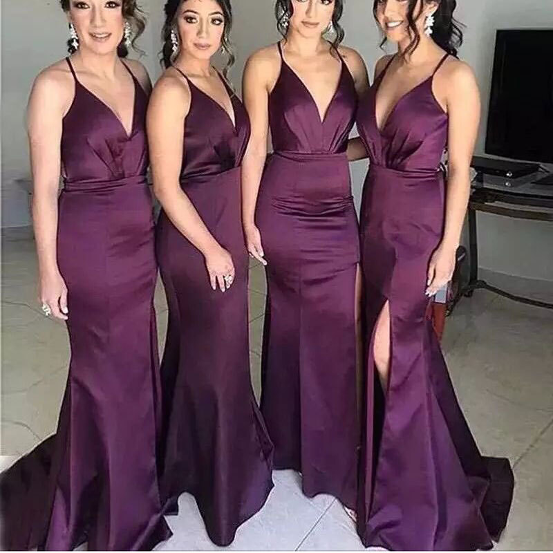 Comercio exterior europeo y americano Amazon AliExpress deseo nuevo Satén de las mujeres con cuello en V vestido de noche sexy fishtail Split image 3