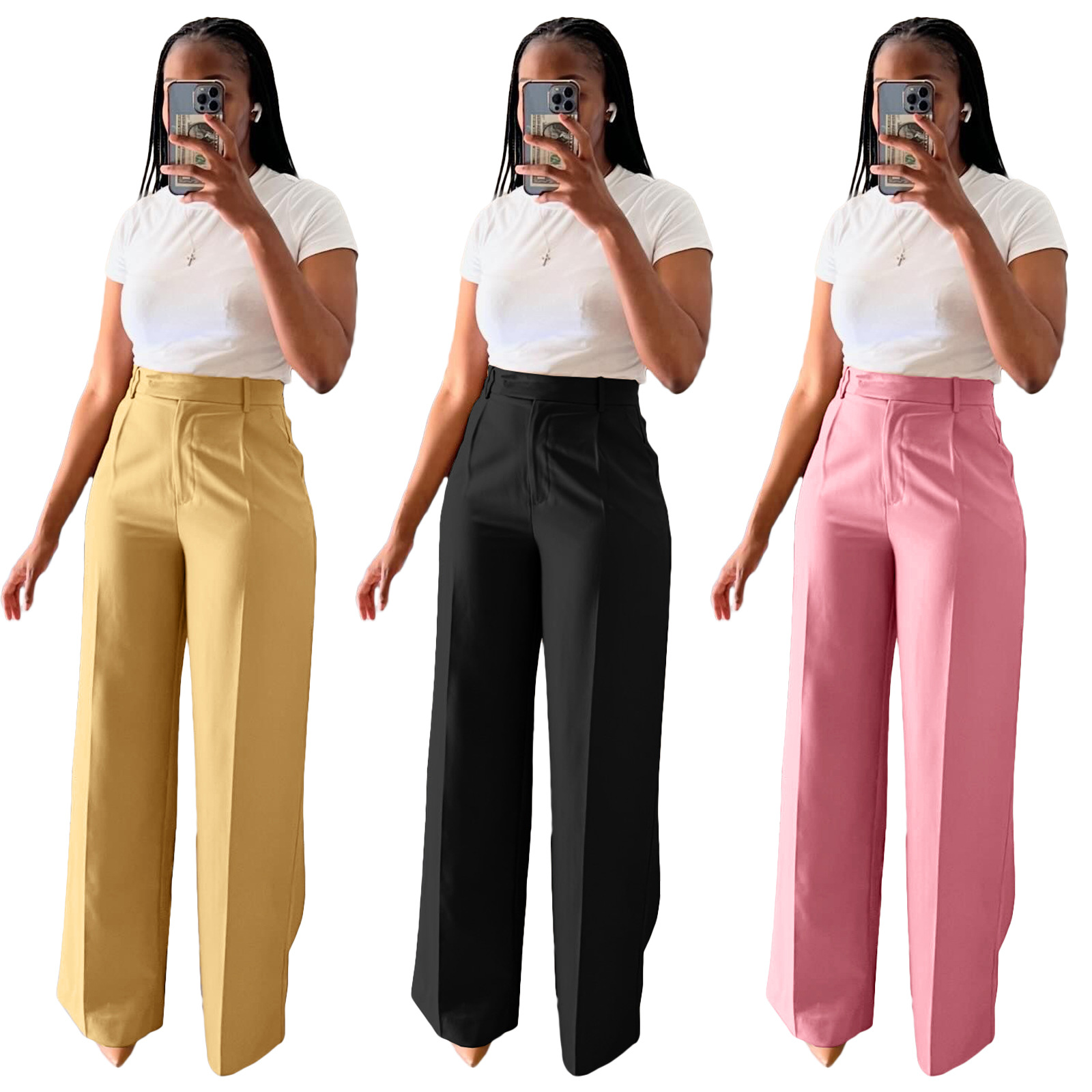 High waisted straight wide leg casual trousers_mkmklike.com