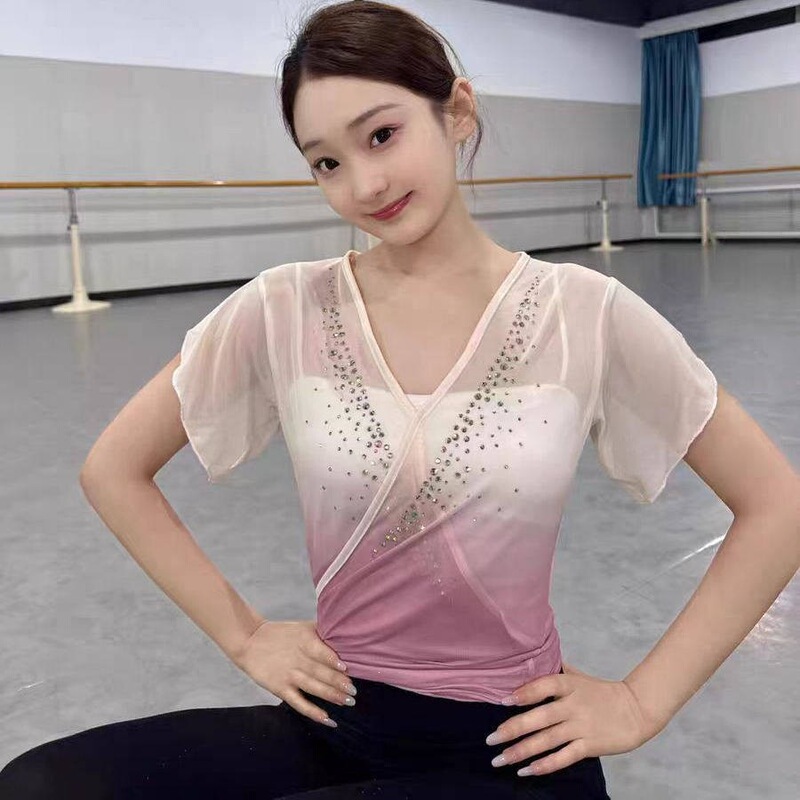 Rhinestone embellished elegant new gradient dance gauze top, short-sleeved top for art exams, basic training, body posture exercises, classical dance, Chinese men's Rhinestone embellished elegant new gradient dance gauze top, short-sleeved top for art exams, basic training, body posture exercises, classical dance, Chinese men's