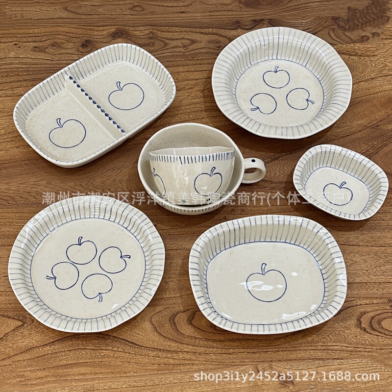 Retro-style hand-painted apple ceramic rice bowl, household dining plate, divided plate, yogurt bowl, sauce dish, single-serving tableware Retro-style hand-painted apple ceramic rice bowl, household dining plate, divided plate, yogurt bowl, sauce dish, single-serving tableware