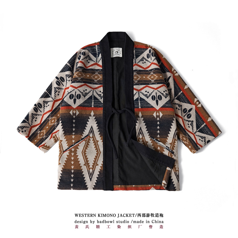 Wong Woven Winter New Indian Pattern Western Nomad Robe Cotton Wool Blend Vintage Kimono Jacket