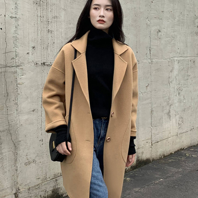 Double-Sided Cashmere Coat for Women, Mid-Length, 2024 Autumn and Winter New Style, Petite Hepburn Style, Loose Cocoon-Shaped Woolen Coat