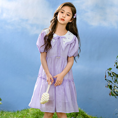 Little Girls' Dress 2024 Summer New Fashion Babydoll Collar Medium and Large Children Skirts Summer Little Girls Princess Dress