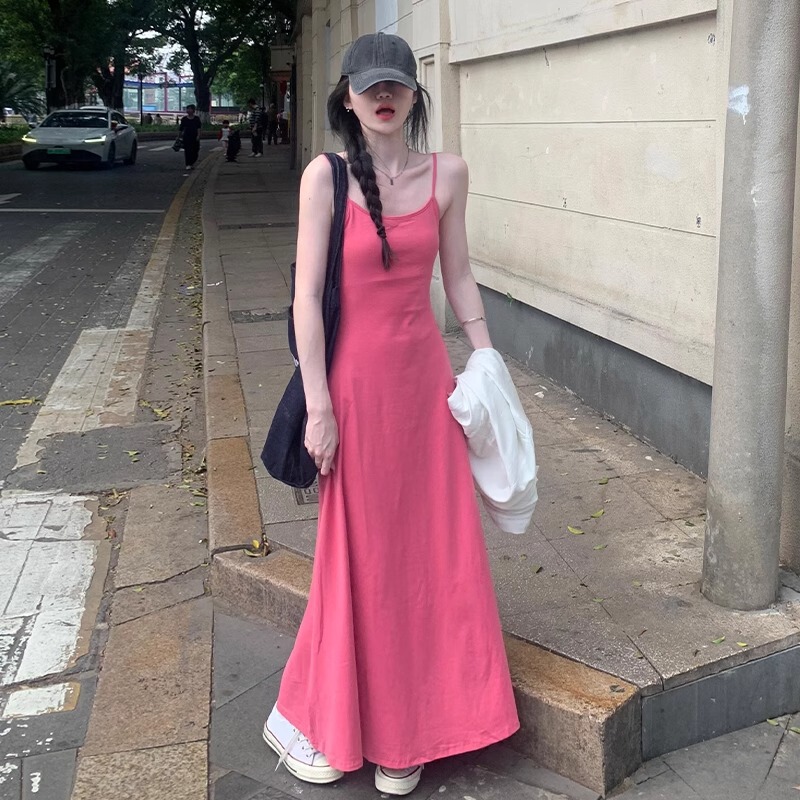 Summer Seaside Suspender Dress Women's Spring Dress 2025 New French Dopamine Draped A-Line Slim Long Skirt