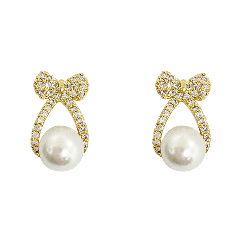 Bow tie pearl earrings with diamond inlay, exquisite small earrings, simple and high-end feeling earrings, light luxury, socialite gathering earrings, female