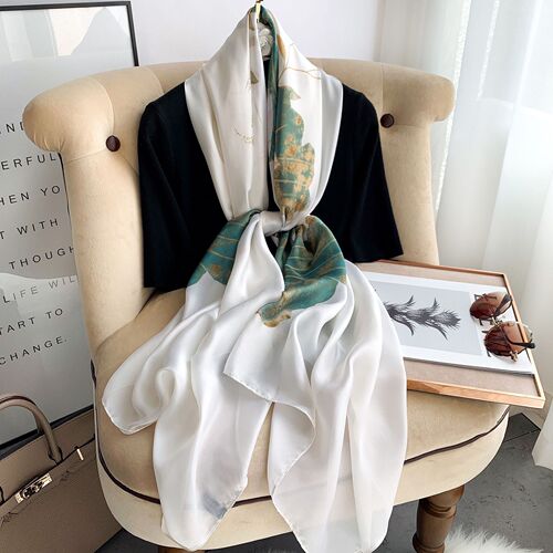 Elegant ladylike sun protection silk scarf, new simulated silk lotus flower print shawl, elegant and atmospheric in spring and summer
