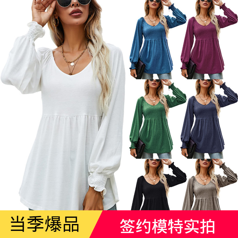 欧美跨境外贸女装2023亚马逊秋冬新款V领泡泡长袖束腰上衣t恤女