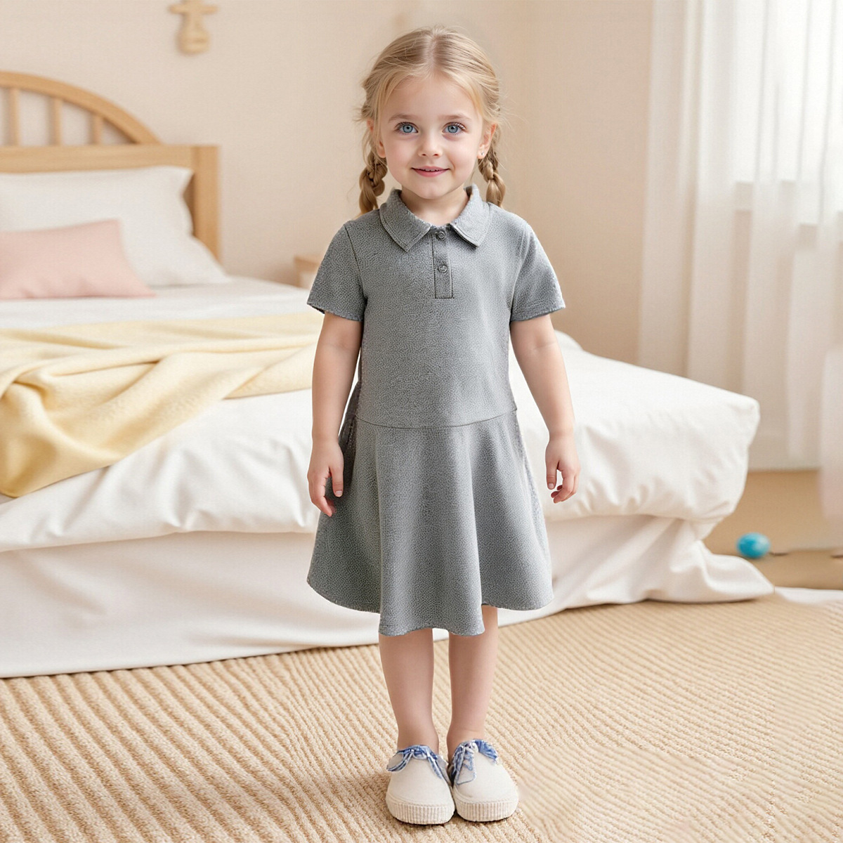 热销儿童POLO领连衣裙女中童短袖大摆童裙 夏季童装学院风校服裙