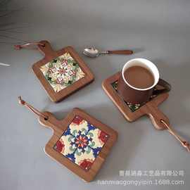 日式花砖实木餐垫厨房砂锅垫餐桌隔热垫家用复古相思木防烫茶杯垫