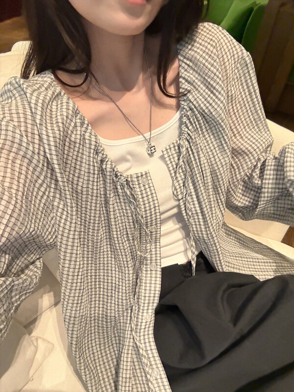 supernniyy 格子花序&设计款领口抽绳袖口蕾丝边防晒衫上衣外套|undefined