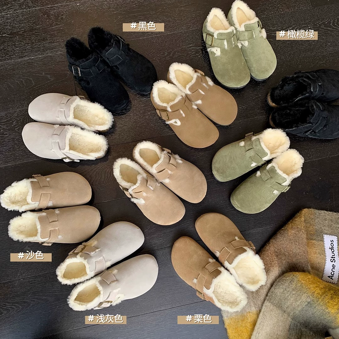 Ретро-туфли Birkenstock из матовой кожи для женщин, новинка осени-зимы 2025, теплые полуботинки-слипоны на флисовой подкладке с защитой для пальцев ног