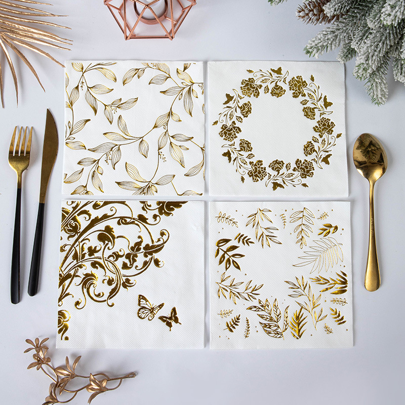 Servilletas Desechables con Estampado Dorado de Pulpa de Madera Nativa Absorbente y Duradero para Bodas y Fiestas