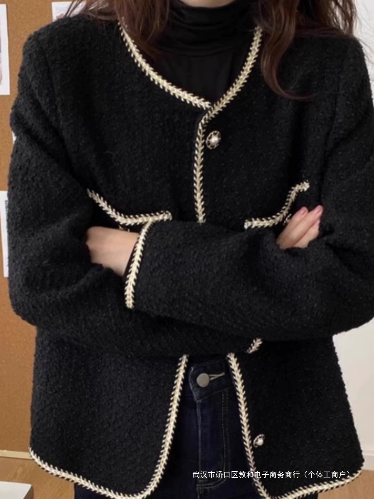 Черная осенняя демисезонная куртка, большой размер, стиль Chanel, французский стиль, яркий броский дизайн